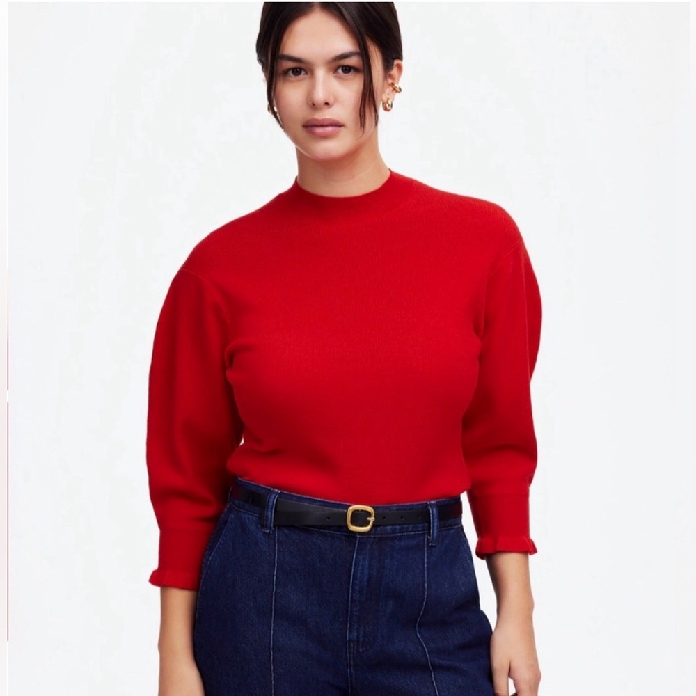 Madewell Red merino wool sweater with 3/4 puff, ruffle sleeve. Size small